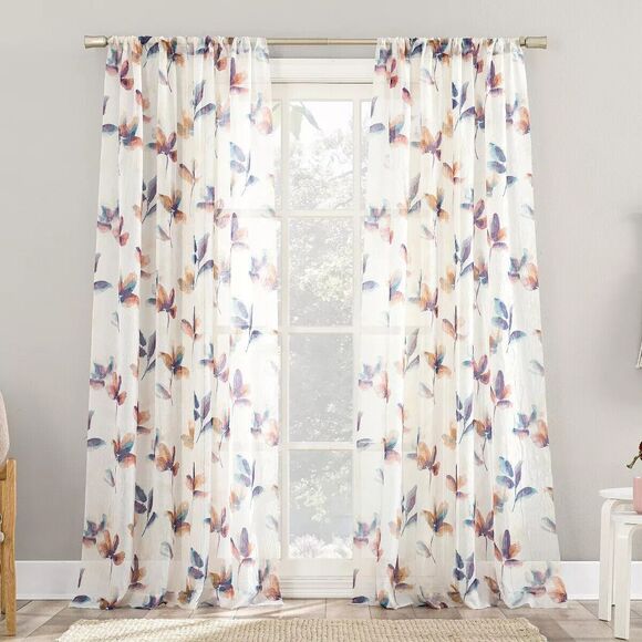Sheer Ellie Watercolor Floral Print Rod Pocket Single Curtain Panel 84-inch NEW - Picture 1 of 6